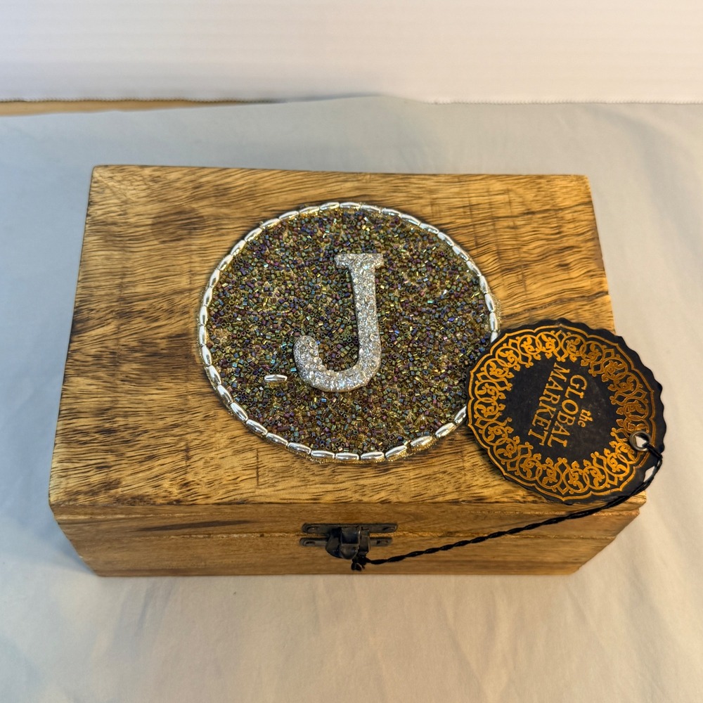 Home Essentials Global Market Wooden Keepsake Box Rhinestone Initial J Beaded